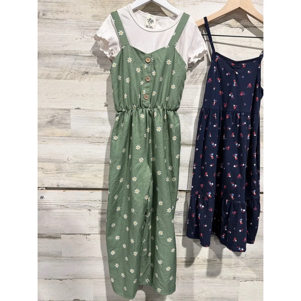 Lily Bleu Old Navy Girls Size 10 Green Navy Pink Floral Jumpsuit Dress Top EUC
